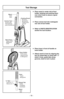 Page 18- 18 -
Tool Storage
➢Place wand in center slot of tool
holder, twisting and pushing down
over short hose to assure a good
connection.
➢ Place crevice tool into rectangular
rear slot of tool holder.
➢ Refer to PARTS IDENTIFICATION
section for tool location.
Wand
Tube
Tubo Dusting Brush
Brosse à
épousseter
Cepillo para
sacudir
Crevice Tool
Suceur plat
Herramienta
para hendiduras
Short Hose
Manguera
corta Tuyau court
Hose Holder
Soporte para
la Manguera Porte-tuyau
“J Slot Fente en “J”
Ranura en J”Raised...