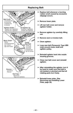 Page 40- 40 -
Replacing Belt
Agitator HolderSupport de l’agitateur
Soporte de l’agitador Lift Agitator Up
Soulever l’agitateur
Unidad del agitador
Belt CoverCouvercle de
la courroie
Cubierta de
la banda
Install
New BeltPoser la
nouvelle
courroie
Instalación
de la correa
Motor ShaftArbred’entraînement
du moteur
Eje del motor
GrooveOuverture
Ranura
End Cap Bouchon
Tapa de extremo
➢ Replace belt whenever a burning
rubber smell caused by excessive
slippage occurs.
➢ Remove lower plate.
➢ Lift rear belt cover and...