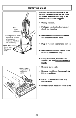 Page 46- 46 -
Removing Clogs
Cover (Suction Inlet)Couvercle (Entrée
d’aspiration)
Cubierta (Abertura
de aspiración)
Short HoseTuyau court
Manguera
corta Hose
Tuyau
Manguera
Short HoseTuyau court
Manguera
corta
The hose located on the back of the
vacuum cleaner carries the dirt from
the nozzle up to the dust bag.  If the
hose should become clogged:
➢ Unplug vacuum.
➢ Pull open suction inlet cover and
check for clogging.
➢ Disconnect wand from short hose
and check wand and hose.
➢ Plug in vacuum cleaner and turn...