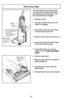 Page 46- 46 -
Removing Clogs
Cover (Suction Inlet)Couvercle (Entrée
d’aspiration)
Cubierta (Abertura
de aspiración)
Short HoseTuyau court
Manguera
corta Hose
Tuyau
Manguera
Short HoseTuyau court
Manguera
corta
The hose located on the back of the
vacuum cleaner carries the dirt from
the nozzle up to the dust bag.  If the
hose should become clogged:
➢ Unplug vacuum.
➢ Pull open suction inlet cover and
check for clogging.
➢ Disconnect wand from short hose
and check wand and hose.
➢ Plug in vacuum cleaner and turn...
