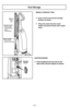 Page 14- 14 -
Tool Storage
WAND & CREVICE TOOL
➢
Insert crevice tool into the storage
location as shown.
➢Place the wand into the wand
holder and press firmly onto nozzle
hose.
Wand TubeTubo
Crevice Tool Suceur plat
Herramienta
para
hendiduras
Wand HolderPorte-tube
Soporte del tubo
DustingBrush
DUSTING BRUSH
➢ Insert dusting brush into slot on the
back of the vacuum cleaner as shown. 