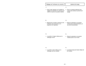 Page 21- 21 - - 24 -
6)
➢ ➢
Rotate dust cover up into closed
position and press into place without
pinching dust bag.5)
➢ ➢
Reinsert tab on end of dust cover
into groove on dust compartment to
allow cover to rotate closed.
GrooveRanura Ouverture
3)
➢ ➢
Spread out new dust bag, taking care
not to tear bag.4)
➢ ➢
Attach new dust bag onto bag holder
by holding cardboard portion and
pushing back.
Changing Dust Bag
Ajustes del mango
1)
➢
Pise en el pedal de liberación del
mango para cambiar la posición del
mango....