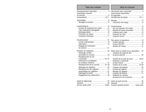 Page 9- 36 -
Información para consumidor
...................... 4
Instrucciones importantes 
de seguridad
................................................ 7
Identificación de piezas
...................... 10-11
Montaje
...................................................... 13
Colocación del mango
.......................... 13
Características
.......................................... 15
Uso del sujetador del cordón
..................15
Boquilla de ajuste automático
.............. 15
Limpieza para orillas...