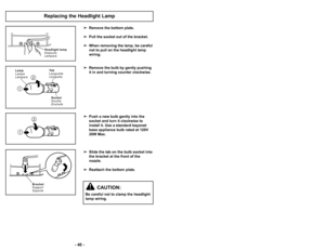 Page 40’b ’f7 ’b
’b 40 ’b

Remove the bottom plate.
 Pull the socket out of the bracket.
 When removing the lamp, be careful
not to pull on the headlight lamp
wiring.
 Remove the bulb by gently pushing
it in and turning counter clockwise.
 Push a new bulb gently into the
socket and turn it clockwise to
install it. Use a standard bayonet
base appliance bulb rated at ’f20V
20W Max.
 Slide the tab on the bulb socket into
the bracket at the front of the
nozzle.
 Reattach the bottom plate.
Replacing the Headlight...