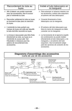 Page 25–Ó 25 –Ó
Afin d’obtenir une portée maximale
avec les accessoires, fixer le suceur
plat à l’extrémité du tubeØ”
 Raccorder solidement le tube au tuyau
en tournant le tube dans le manchon
du tuyauØ”
 L’extrémité du tube portant une
marque de tuyau est celle par laquelle
le tube doit être raccordé au tuyauØ” 
 La brosse à épousseter peut être fixée
directement au tube, au tuyau ou à
l’extrémité du suceur platØ” Voir
l’illustration ci-dessous pour les
options de raccordement des
accessoiresØ”Para alcanzar un...