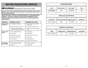 Page 11- 11 -
- 42 -
V Vo
ol
lt
ta
aj
je
eP
Pr
ro
ot
te
ec
ct
to
or
r 
 d
de
e 
 m
mo
ot
to
or
r
E
Ex
xt
te
en
ns
si
ió
ón
n 
 d
de
e 
 c
co
or
rd
dó
ón
n
H
He
er
rr
ra
am
mi
ie
en
nt
ta
as
s
120V c.a. (60Hz)
Si 7,6 m (25 pi) Si
Power Motor Protector Cord Length Tools
120V AC(60Hz)
Yes 7.6 m (25 Ft.) Yes
Alimentation Protecteur du moteur Longueur du cordonAccessoires120V c.a. (60Hz)
Oui7,6 m (25 pi) OuiFEATURE CHART
D
Di
ia
ag
gr
ra
am
ma
a 
 d
de
e 
 c
ca
ar
ra
ac
ct
te
er
rí
ís
st
ti
ic
ca
as
sTableau des...
