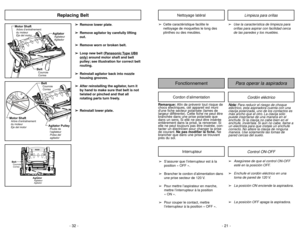 Page 21- 21 -
Cordón eléctrico
Para operar la aspiradora
FonctionnementCordon d’alimentation
N No
ot
ta
a:
:
Para reducir el riesgo de choque
eléctrico, esta aspiradora cuenta con una
clavija polarizada, uno de los contactos es
más ancho que el otro. La clavija sólo
puede insertarse de una manera en el
enchufe. Si la clavija no cabe bien en el
enchufe, inviértala. Si aún no cabe, llame a
un electrista para que instale un enchufe
correcto. No altere la clavija de ninguna
manera. Use solamente las tomas de
pared...