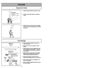 Page 14Cord HookCrochet de rangement
du cordon
Sujetador del cordón
Using Cord Hook
FEATURE
Wands (2)Tubes (2)Tubos (2)
Dusting BrushBrosse à épousseterCepillo para sacudir
Crevice ToolSuceur platHerramienta para hendiduras
HoseTuyau
Manguera
J SlotFente J”Ranura en JRaised TabLengüeta saliente Saillie
WandTubo
Tube
Tool Storage
- 35 -
- 14 -
➢ ➢
Some tools may already be stored on
vacuum cleaner.
➢ ➢ Place hose in front of handle on hose
holder.
➢ ➢ Attach wand to hose by aligning the two
(2) raised tabs on...