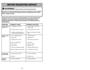 Page 40- 9 -
- 40 -
Instrucciones importantes de seguridad
Cuando use su aspiradora, precauciones básicas deben seguirse siempre\
,
incluyendo las  siguientes:
Leatodas las instrucciones en este manual antes de armar o usar su aspirado\
ra. 
ADVERTENCIA
1. Use su aspiradora solamente como se describe en este manual. Use solamente c\
on
accesorios Panasonic recomendados. 
2. Desconecte la fuente de electricidad antes de hacer el servicio o limpiar el áre\
a del
cepillo. La falla de hacer esto puede resultar en...