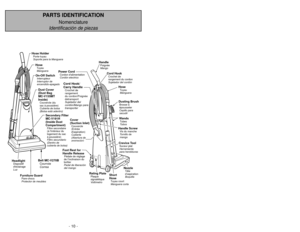 Page 10- 10 -
PARTS IDENTIFICATION
Nomenclature
Identificación de piezas
- 39 -
HandlePoignée
Mango
HoseTuyau
MangueraHandle ScrewVis du manche
Tornillo de
mangoCrevice ToolSuceur plat
Herramienta
para hendiduras
Cover
(Suction Inlet)Couvercle
(Entrée
daspiration)
Cubierta
(Abertura de
aspiración)
Cord HookCrochet de
rangement du cordon
Sujetador del cordón
WandsTubes
TubosDusting BrushBrosse à
épousseter
Cepillo para
sacudir
Short
HoseTuyau court
Manguera corta
Rating PlatePlaque
signalétique
Voltímetro
Power...