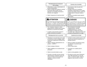 Page 31- 31 -
➢
➢Detach plug head from power cord.
➢
➢ Rotate cord hook down to release
cord.
Cord HookCrochet de
rangement
du cordon
Sujetador
del cordón
➢
➢Return the cord hook to the upright
position before attempting to rewind
the cord.
Using Cord Hook
Tool Storage
Wands (2)Tubes (2)
Tubos (2)
Dusting BrushBrosse à épousseter
Cepillo para sacudir
Crevice ToolSuceur plat
Herramienta
para hendiduras
“J SlotFente en “J”
Ranura en J”
Raised TabSaillie
Lengüeta levantada
WandTube
Tubo
HoseTuyau
Manguera
➢ ➢Some...