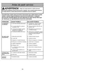 Page 38- 38 -
Instrucciones importantes de seguridad
Cuando use su aspiradora, precauciones básicas deben seguirse siempre\
,
incluyendo las  siguientes:
Leatodas las instrucciones en este manual antes de armar o usar su aspirado\
ra. 
ADVERTENCIA
1. Use su aspiradora solamente como se describe en este manual. Use solamente c\
on
accesorios Panasonic recomendados. 
2. Desconecte la fuente de electricidad antes de hacer el servicio o limpiar el áre\
a del
cepillo. La falla de hacer esto puede resultar en choque...