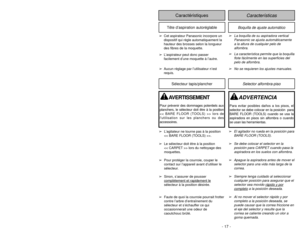 Page 17- 17 -
- 32 -
Características
Caractéristiques
Boquilla de ajuste automático
Tête d’aspiration autoréglable
➢
La boquilla de su aspiradora vertical
Panasonic se ajusta automáticamente
a la altura de cualquier pelo de
alfombra.
➢
La característica permite que la boquilla
flote fácilmente en las superficies del
pelo de alfombra.
➢
No se requieren los ajustes manuales.
➢
Cet aspirateur Panasonic incorpore un
dispositif qui règle automatiquement la
hauteur des brosses selon la longueur
des fibres de la...