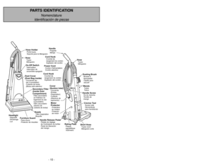 Page 10- 10 -
PARTS IDENTIFICATION
Nomenclature
Identificación de piezas
- 39 -
HandlePoignée
Mango
HoseTuyau
Manguera
Handle ScrewVis du manche
Tornillo de
mangoCrevice ToolSuceur plat
Herramienta
para hendiduras
Cover
(Suction Inlet)Couvercle
(Entrée
daspiration)
Cubierta
(Abertura de
aspiración)
Cord HookCrochet de
rangement du cordon
Sujetador del cordón
Cord HookCrochet de
rangement du cordon
Sujetador del cordón
WandsTubes
TubosDusting BrushBrosse à
épousseter
Cepillo para
sacudir
Short HoseTuyau court...