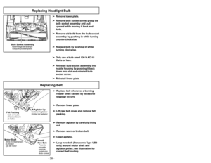 Page 28- 21 -
Replacing Headlight Bulb
+
Bulb Socket AssemblyAssemblage de la lampe
Casquillo portalámparas
➢
➢
Remove lower plate.
➢ ➢
Remove bulb socket screw, grasp the
bulb socket assembly and pull
upward while moving it back and
forth.
➢ ➢
Remove old bulb from the bulb socket
assembly by pushing in while turning
counter-clockwise.
➢ ➢
Replace bulb by pushing in while
turning clockwise.
➢ ➢
Only use a bulb rated 130 V AC-15
Watts or less.
➢ ➢
Reinstall bulb socket assembly into
nozzle housing by pushing it...