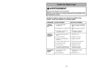 Page 39- 10 -
HeadlightLuzDispositif
d’éclairage
HOSE/BAG
CHECK IndicatorIndicador de
HOSE/BAG CHECKIndicateur de
« HOSE/BAG CHECK »
On-Off SwitchInterrupteur
Interruptor de
encendido-apagado
Furniture GuardPare-chocs
Protector de muebles
NozzleTête d’aspiration
Boquilla
Secondary
Filter (Inside
Dust Compartment)Filtre secondaire
(à lintérieur du
logement du sac
à poussière)
Filtro secundario
(Dentro de
cubierta de bolsa)
Dust Cover
(Dust Bag Inside)Couvercle du sac
à poussière
Cubierta de bolsa
(Bolsa está...