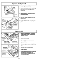 Page 30- 30 -
Indicador de aspiración
Indicateur du sac à poussière/tuyau
➢El indicador de aspiración detecta
cuando se necesita cambiar la bolsa
para polvo o hay residuos en la aspiradora.
➢Revise la bolsa para polvo cuando el
indicador de aspiración muestra FULL
(LLENO).
➢Si la bolsa para polvo está lleno,
cambie la bolsa según la sección
“Cambiar de la bolsa para polvo”.
➢Si la bolsa para polvo no está lleno,
revise si hay residuos según la sección
“Quitar de los residuos de basura en los
conductos”....