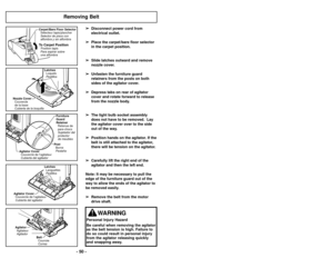 Page 50➢Pour atteindre la portée maximale
avec les accessoires, ajouter le suceur
plat à l’extrémité de la rallonge.
L’insérer et le faire tourner légèrement.
➢ Il est possible de brancher directement
la brosse à épousseter ou la brosse
combinée sur la rallonge ou de les
placer sur le suceur plat.
➢
Para obtener la máxima longitud con
los accesorios, instale la herramienta
para hendiduras en el extremo del
tubo. Para hacerlo, introdúzcala en el
tubo y gírela un poco.
➢
Cuando use el cepillo para sacudir o el...