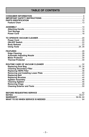 Page 3- 3 -
TABLE OF CONTENTS
CONSUMER INFORMATION........................................................................\
.................... 6
IMPORTANT SAFETY INSTRUCTIONS ........................................................................\
....9
PARTS IDENTIFICATION ........................................................................\
......................12
Feature Chart ........................................................................\
......................................13
ASSEMBLY...