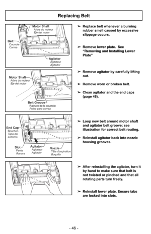 Page 46- 46 -
Replacing Belt
AgitatorAgitateur
Agitador
BeltCourroie
Correa
Motor ShaftArbre du moteur
Eje del motor
Motor ShaftArbre du moteur
Eje del motor
Belt Groove
Polea para correa Rainure de la courroie
End CapBouchon
Tapa del
extremo
SlotFente
RanuraNozzleTête daspiration
Boquilla
AgitatorAgitateur
Agitador
➢Replace belt whenever a burning
rubber smell caused by excessive
slippage occurs.
➢Remove lower plate.  See
“Removing and Installing Lower
Plate”
➢Remove agitator by carefully lifting
out.
➢Remove...