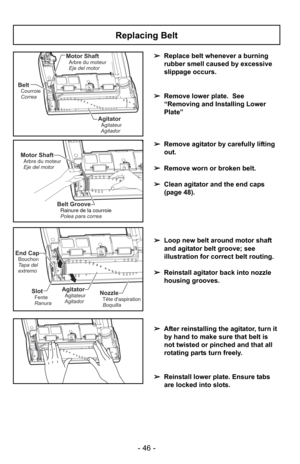 Page 46- 46 -
Replacing Belt
AgitatorAgitateur
Agitador
BeltCourroie
Correa
Motor ShaftArbre du moteur
Eje del motor
Motor ShaftArbre du moteur
Eje del motor
Belt Groove
Polea para correa Rainure de la courroie
End CapBouchon
Tapa del
extremo
SlotFente
RanuraNozzleTête daspiration Boquilla
AgitatorAgitateur
Agitador
➢ Replace belt whenever a burning
rubber smell caused by excessive
slippage occurs.
➢ Remove lower plate.  See
“Removing and Installing Lower
Plate”
➢ Remove agitator by carefully lifting
out.
➢...