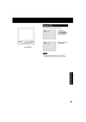 Page 272727
Advanced Operation
  Repeat Play
Set to see a recording over and over.
  Playback repeats when tape end is reached or 
unrecorded portion over 30 seconds is detected.
In PLAY 
mode, press 
PLAY/REPEAT 
on the unit to PLAYREPEAT  ON
PLAYREPEAT  OFFRepeat above to 
turn “OFF.”
PLAY/REPEAT
VIDEO IN AUDIO INPOWER VOL CHSTOP/EJECT REW/
PLAY/REPEATFF/ REC TIMER/FMACTIONR E C ON TIMERPROG TIMER
Note 