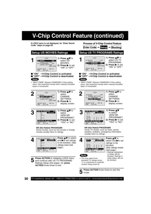 Page 3030For assistance, please call : 1-800-211-PANA(7262) or send e-mail to : consumerproducts@panasonic.com30For assistance, please call : 1-800-211-PANA(7262) or send e-mail to : consumerproducts@panasonic.com
Enter Code
1
1) Press  to 
select US 
MOVIES.
2) Press 
   to set  
“ON” or “OFF.”
If LOCK menu is not displayed, do “Enter Secret 
Code” steps on page 29.
Setup US MOVIES Ratings
Note
  “NEXT PAGE” displays CANADIAN V-Chip setting 
menu. Not necessary except when viewing Canadian 
tapes or...