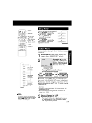 Page 1717
TV üfperaübion
Press SLEEP repeate?ély
to set SLEEP TIMER.
• Pressing DISPLAY  w i t h
sleep timer set ?éisplays
remai?fi?fg time.
Press SLEEP  repeate?ély
u?ftil “SLEEP TIMER 00”
appears to ca?fcel.
Sleep Timer
This u?fit ca?f be set for auto power off.
SLEEP TIMER 30
SLEEP TIMER 60
SLEEP TIMER 90
SLEEP TIMER 00
Insübanüb Alarm
You ca?f set a timer alarm up to 60 mi?f. Useful whe?f you are
cooki?fg, etc.
1
2
3
To cancel,  press TIMER the?f press ADD/DLT o?f
the remote while CANCEL/SET scree?f is...