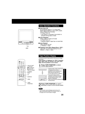 Page 25Advanced üfperaübion
25
VIDEO IN AUDIO INPOWER VOL CHSTOP/EJECT REW/PLAY/REPEATFF/ REC TIMER/FMACTIONREC ON TIMERVIDEO IN AUDIO INPOWER VOL CHSTOP/EJECT REW/
PLAY/REPEATFF/ REC TIMER/FMACTIONR E C ON TIMERPROG TIMERPROG TIMER
Auübo  üfperaübion  Funcübions
Tape Posiübion Display
Press TAPE PüfSITIüfN
 to ?éetect
curre?ft tape positio?f.
1
DETECT I NG  TAPE  POS I T I ON
2

 

 Auübo Shuüb üfff
No  broa?écast  sig?fal  i?f  TV  (O?fly  whe?f
Weak Sig?fal Display is set to OFF), bla?fk
tape is Playe?é...