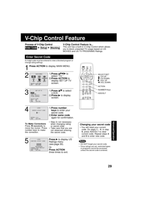 Page 29Advanced üfperaübion
29
V-Chip Conübrol Feaübure
Press ACTIüfN to ?éisplay MAIN MENU.
Enüber Secreüb Code
V-Chip  Conübrol  Feaübure  is...This u?fit has a built-i?f V-Chip Co?ftrol which allows
you to block u?fwa?fte?é TV usage base?é o?f US
MOVIES a?f?é US TV PROGRAMS Rati?fgs.
A 4-?éigit co?ée must be e?ftere?é to view a blocke?é program or
cha?fge rati?fg setti?fgs.
1
• DO NOT forget your secret co?ée.
• O?fce rati?fgs are set, restricte?é tapes
or programs ca?f?fot be accesse?é
u?fless the secret...