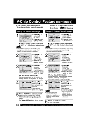 Page 3030For assistance, please call : 1-800-211-PANA(7262) or send e-mail to : consumerproducts@panasonic.com
Enter Code
1
1)Press  to
select US
MOVIES.
2) Press 
 to set
“ON” or “OFF.”
If LOCK menu is not displayed, do
“Enter Secret Code” steps on page 29.

“ON” => V-Chip Control is activated.
 “OFF” => V-Chip Control is deactivated.
Setup US MOVIES Ratings
Note
 “NEXT PAGE” displays CANADIAN V-Chip
setting menu. Not necessary except when
viewing Canadian tapes or broadcasts.
1
1) Press  to
select US TV...