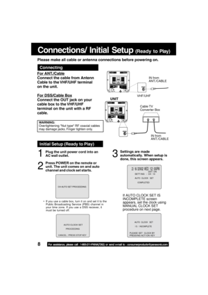 Page 88
 2 /  6 / 2002   WED 12 : 00PMDST : ON
A
UTO  CLOCK   SET
CO
MPLETED
SETT I NG : CH 1 0
If AUTO CLOCK SET IS
INCOMPLETE screen
appears, set the clock using
MANUAL CLOCK SET
procedure on next page.
Connections/ Initial Setup (Ready to  Play)
How to Connect
Initial Setup (Ready to Play)
1
Plug the unit power cord into an
AC wall outlet.
Press POWER on the remote or
unit. The unit comes on and auto
channel and clock set starts.
• If you use a cable box, turn it on and set it to the
Public Broadcasting...