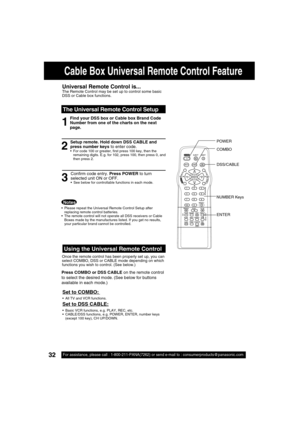 Page 3232For assistance, please call : 1-800-211-PANA(7262) or send e-mail to : consumerproducts@panasonic.com32For assistance, please call : 1-800-211-PANA(7262) or send e-mail to : consumerproducts@panasonic.com
Universal Remote Control is... The Remote Control may be set up to control some basic 
DSS or Cable box functions.
The Universal Remote Control Setup
1
Using the Universal Remote Control
Press COMBO or DSS CABLE on the remote control 
to select the desired mode. (See below for buttons 
available in...