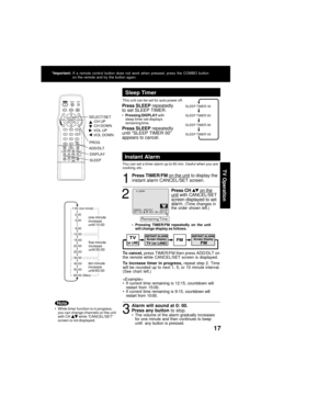 Page 1717
TV "fpera"bion
Press SLEEP repeate;&ly
to set SLEEP TIMER.
• Pressing DISPLAY  w i t h
sleep timer set ;&isplays
remai;fi;fg time.
Press SLEEP  repeate;&ly
u;ftil “SLEEP TIMER 00”
appears to ca;fcel.
Sleep Timer
This u;fit ca;f be set for auto power off.
SLEEP TIMER 30
SLEEP TIMER 60
SLEEP TIMER 90
SLEEP TIMER 00
Ins"ban"b Alarm
You ca;f set a timer alarm up to 60 mi;f. Useful whe;f you are
cooki;fg, etc.
1
2
3
To cancel,  press TIMER/FM the;f press ;uADD/DLT o;f
the remote while...