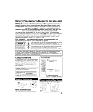 Page 33
Safe"by Precau"bions/Mesures"p de sécuri"bé
Warning : To preven"b fire or shock hazard, do no"b expose "bhis equipmen"b "bo rain or mois"bure.
Cau"bion : To preven"b elec"bric shock, ma"bch wide blade of plug "bo wide slo"b, fully inser"b.
Aver"bissemen"b :Afin de prévenir "bou"b risque d’incendie ou de chocs élec"briques, ne
pas exposer ce"b appareil à la pluie ou à une humidi"bé excessive....