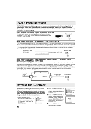 Page 1212
UHF/
VHF
SYSTEM  SETUP
CLOCK  SET
LANGUAGE/IDIOMA/LANGUE
AUTO CLOCK     ON   OFF
STANDARD  TIME
DAYLIGHT  SAVING  TIME
á+/–/ENTER/MENUñ
M E N U
TIMER REC SET
TV SETUP
CH SETUP
AUTO REPEAT   ON   OFF
SYSTEM  SETUP
á+/–/ENTER/MENUñ
This TV/VCR can display the on screen language in
English, Spanish or French.
On-screen language selection (step 3) will automati-
cally appear on the screen when you press the MENU
button initially. Select the language you prefer first,
then proceed with the other menu...