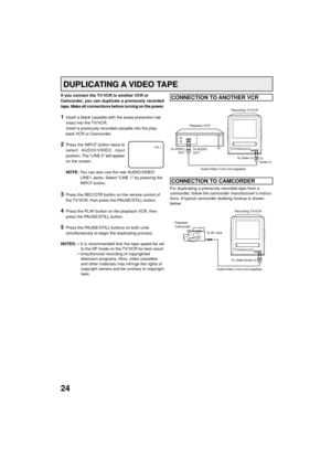 Page 2424
If you connect the TV/VCR to another VCR or
Camcorder, you can duplicate a previously recorded
tape. Make all connections before turning on the power.
1Insert a blank cassette with the erase prevention tab
intact into the TV/VCR.
Insert a previously recorded cassette into the play-
back VCR or Camcorder.
2Press the INPUT button twice to
select AUDIO/VIDEO  input
position. The LINE 2 will appear
on the screen.
NOTE:You can also use the rear AUDIO/VIDEO
LINE1 Jacks. Select LINE 1 by pressing the
INPUT...