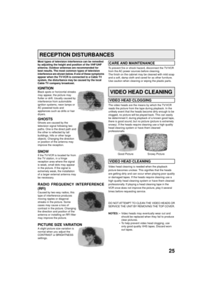 Page 2525
IGNITIONBlack spots or horizontal streaks
may appear, the picture may
flutter or drift. Usually caused by
interference from automobile
ignition systems, neon lamps or
AC powered tools and
appliances such as drills or hair
dryers.
GHOSTSGhosts are caused by the
television signal following two
paths. One is the direct path and
the other is reflected by tall
buildings, hills or other large
objects. Changing the direction
or position of the antenna may
improve the reception.
SNOWIf the TV/VCR is located...