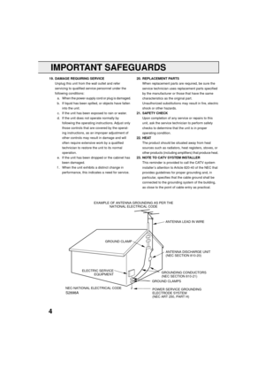 Page 44
19. DAMAGE REQUIRING SERVICE
Unplug this unit from the wall outlet and refer
servicing to qualified service personnel under the
following conditions:
a. When the power-supply cord or plug is damaged.
b. If liquid has been spilled, or objects have fallen
into the unit.
c. If the unit has been exposed to rain or water.
d. If the unit does not operate normally by
following the operating instructions. Adjust only
those controls that are covered by the operat-
ing instructions, as an improper adjustment of...