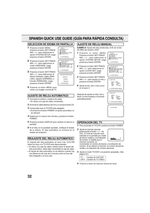 Page 3232
SPANISH QUICK USE GUIDE (GUêA PARA RçPIDA CONSULTA)
SELECCION DE IDIOMA EN PANTALLAAJUSTE DE RELOJ MANUAL
1
Presione el bot—n MENU.
Presione el bot—n SET/TRACK-
ING + — Ð para seleccionar la
opci—n SYSTEM SETUP, luego
presione el bot—n ENTER.
2Presione el bot—n SET/TRACK-
ING + — Ð para seleccionar el
modo LANGUAGE, luego
presione el bot—n ENTER.
3Presione el bot—n SET/TRACK-
ING + — Ð para seleccionar el
idioma deseada: inglŽs (ENG-
LISH), espa–ol (ESPA„OL) o
francŽs (FRANCAIS), luego
presione el...