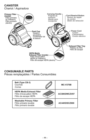 Page 11- 11 -
CONSUMABLE PARTS
Pièces remplaçables / Partes Consumibles
Belt (Type CB-3)
CourroieMC-V370B
Correa
HEPA Media Exhaust Filter
Filtre d’évacuation HEPAAC38KDWCZV07 
Filtro de escape HEPA
Washable Primary Filter
Filtre primaire lavableAC44KDSCZ000
Filtro primario lavable
Power Cord
Cordon
d’alimentation
Cordón eléctrico
Primary Filter
(inside)
Filtro primario
(dentro) Filtre primaire
(à l’intérieur)Cord Rewind Button
Bouton de rappel
du cordon
Botón de retracciónCarrying Handle
Poignée de
transport...