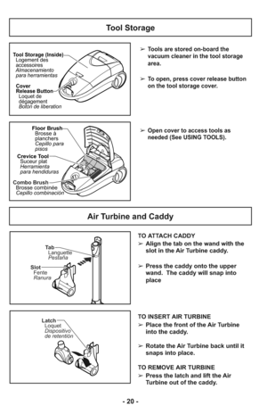 Page 20- 20 -
Latch
Loquet
Dispositivo
de retentión
Ta b
Languette
Pestaña
Slot
Fente
Ranura
Air Turbine and Caddy
TO ATTACH CADDY
➢ Align the tab on the wand with the
slot in the Air Turbine caddy.
    
➢ Press the caddy onto the upper
wand.  The caddy will snap into
place
TO INSERT AIR TURBINE
➢ Place the front of the Air Turbine
into the caddy.
➢ Rotate the Air Turbine back until it
snaps into place.
TO REMOVE AIR TURBINE
➢ Press the latch and lift the Air
Turbine out of the caddy.
CREVICE
TOOLFLOO
BRUS...