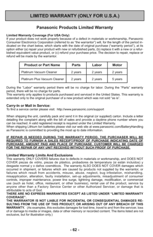 Page 62- 62 -
LIMITED WARRANTY (ONLY FOR U.S.A.)
Limited Warranty Coverage (For USA Only) 
If your product does not work properly because of a defect in materials or workmanship, Panasonic
Consumer Electronics Corporation (referred to as “the warrantor”) will, for the length of the period in-
dicated on the chart below, which starts with the date of original purchase (“warranty period”), at its
option either (a) repair your product with new or refurbished parts, (b) replace it with a new or a refur-
bished...