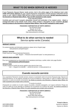 Page 68- 68 -
                                                                                                                                         Printed in MexicoAC01ZEDVZ000                                                                                                            Imprimé au MexiqueC01ZEDV10000                                                                                                             Impreso en Mexico
Cuando necesita servicio
WHAT TO DO WHEN SERVICE IS NEEDED
What to do...