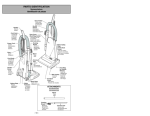 Page 10- 10 -
Furniture
GuardPare-chocs
Protector de meubles
Hose HolderPorte-tuyau
Soporte para
la manguera
WandTube
TuboDusting
BrushBrosse à
épousseter
Cepillo para
sacudir
HandleMango Manche
Cord HookCrochet de
rangement
du cordon
Sujetador
del cordón
HoseTuyau
MangueraPower CordCordon
d’alimentation
Cordón
electricoCord HookCrochet de
rangement
du cordon
Sujetador
del cordónHandle
ScrewVis du
manche
Tornillo de
mango
Crevice
ToolSuceur
plat
Herramienta
para hendiduras
Short HoseTuyau court
Manguera corta...