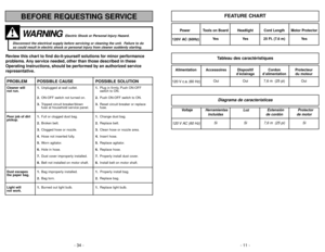 Page 11- 11 -
Power Tools on Board Headlight Cord Length Motor Protector
120V AC (60Hz)
Yes Yes 25 Ft. (7.6 m)  Yes
FEATURE CHART
Diagrama de característicasTableau des caractéristiques
- 34 -
Voltaje Herramientas Luz Extensión Protector
incluídas de cordón de motor
120 V AC (60 Hz)
Si Si 7,6 m  (25 pi) Si
Alimentation Accessoires Dispositif Cordon Protecteur
d’éclairage d’alimentation du moteur120 V c.a. (60 Hz)
Oui Oui 7,6 m  (25 pi) Oui
BEFORE REQUESTING SERVICEWARNING
Electric Shock or Personal Injury...