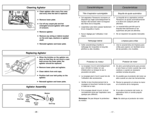 Page 17Protecteur du moteur
Protector de motorLimpieza para orillas
Nettoyage latéral
➢Use la característica de limpieza para
orillas para aspirar con facilidad cerca
de las paredes y los muebles.
➢Cette caractéristique facilite le
nettoyage de moquettes le long des
plinthes ou des meubles.
- 17 - - 28 -
Características
Caractéristiques
Boquilla de ajuste automático
Tête d’aspiration autoréglable
➢La boquilla de su aspiradora vertical
Panasonic se ajusta automáticamente
a la altura de cualquier pelo de...