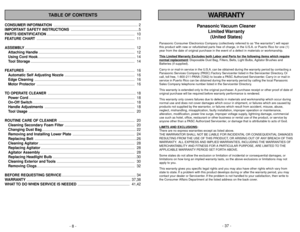 Page 8- 8 -
- 37 -
TABLE OF CONTENTS
CONSUMER INFORMATION.................................................................................... 2
IMPORTANT SAFETY INSTRUCTIONS....................................................................5
PARTS IDENTIFICATION........................................................................................ 10
FEATURE CHART.................................................................................................. 11...