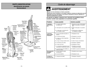 Page 10- 10 -
PARTS IDENTIFICATION
Identificación de piezas
Nomenclature
- 35 -
On-Off SwitchInterrupteur
Interruptor de
encendido-apagadoHoseTuyau
Manguera
NozzleTête
d’aspiration
Boquilla
Handle Release
PedalPédale de réglage
de linclinaison
du manche
Pedal de
liberación del
mango
Dust Cover
(Dust Bag Inside)Couvercle (du
sac à poussière)
Cubierta de bolsa
(Bolsa está adentro)
Secondary Filter
(Inside Dust
Compartment)Filtro secundario
(Dentro de cubierta
de bolsa) Filtre secondaire
(à lintérieur du
couvercle...