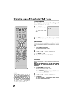 Page 3434
1/9
Changing angles/Title selection/DVD menu
When playing back a disc recorded with multi-angle facil-
ity, you can change the view angle.
1Press ANGLE during play-
back.
The current angle will ap-
pear.
2Press ANGLE repeatedly until the desired angle is selected.
Changing angles
Two or more titles are recorded on some discs. If the title
menu is recorded on the disc, you can select the desired
title.
Press ENTER or PLAY.
The playback of the selected title will start.
1Press TITLE during playback....